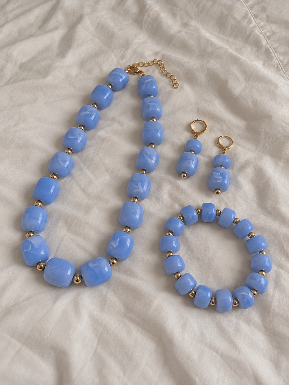 Pastel Blue Beaded Necklace, Bracelet & Earring Set with Gold Accents